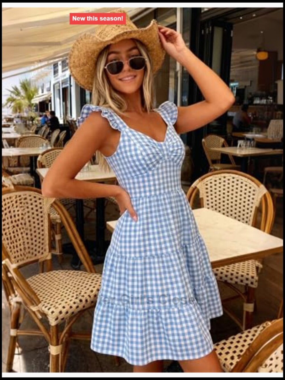 Cotton Gingham Dress V Neck Ruffle Hem Smocked Midi Dress Vacation Wear - Picture 2 of 7